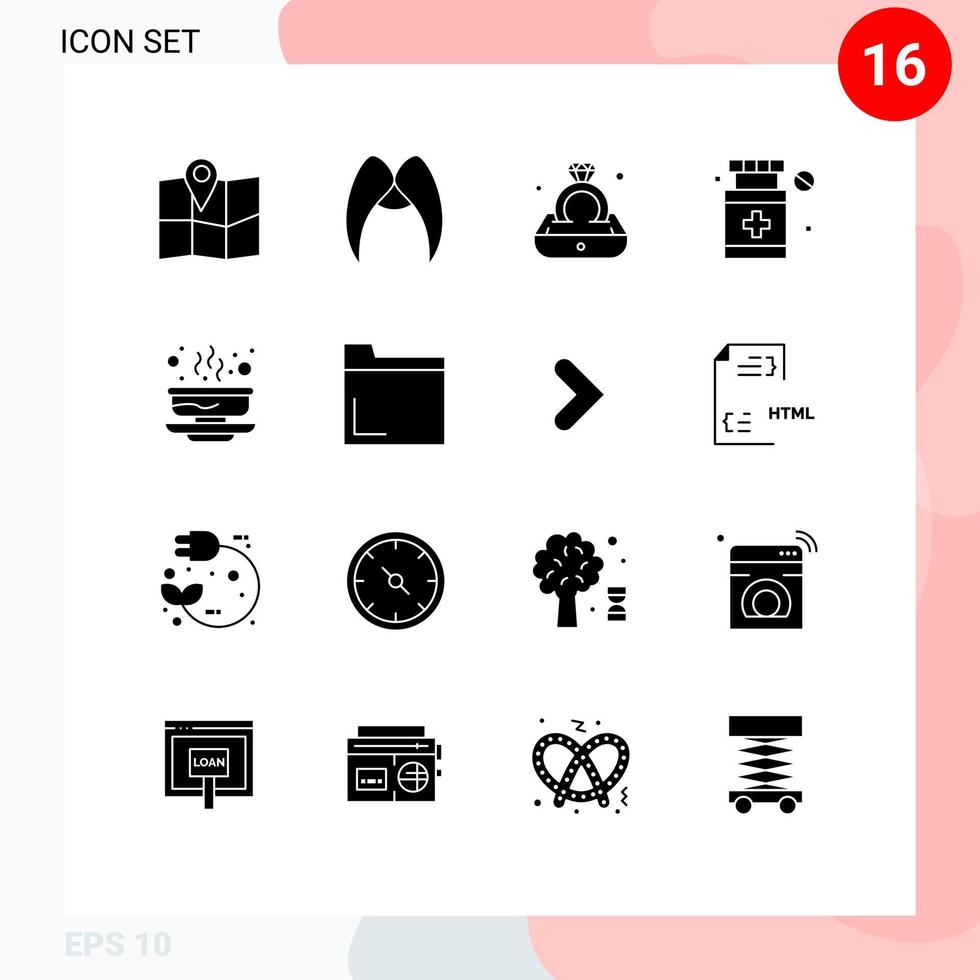 User Interface Pack of 16 Basic Solid Glyphs of soup bowl diamond medical healthcare Editable Vector Design Elements