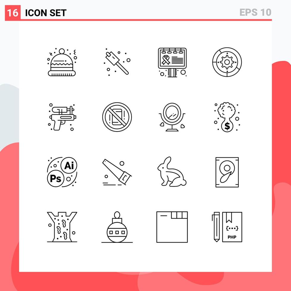 16 Universal Outlines Set for Web and Mobile Applications water gun awareness process setup Editable Vector Design Elements