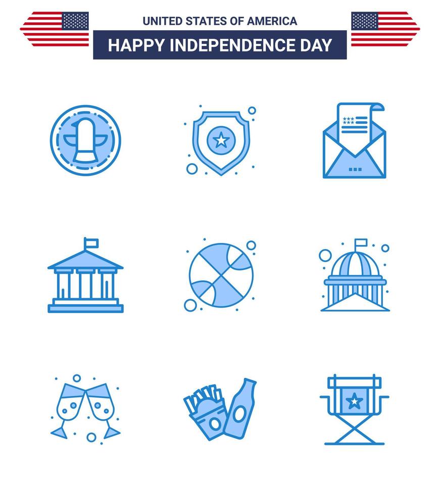 Set of 9 Vector Blues on 4th July USA Independence Day such as basketball american email flag mail Editable USA Day Vector Design Elements