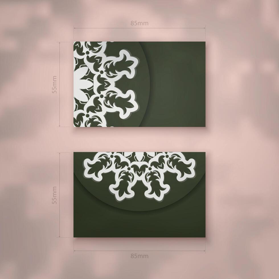 Business card in dark green color with luxurious white ornaments for your contacts. vector