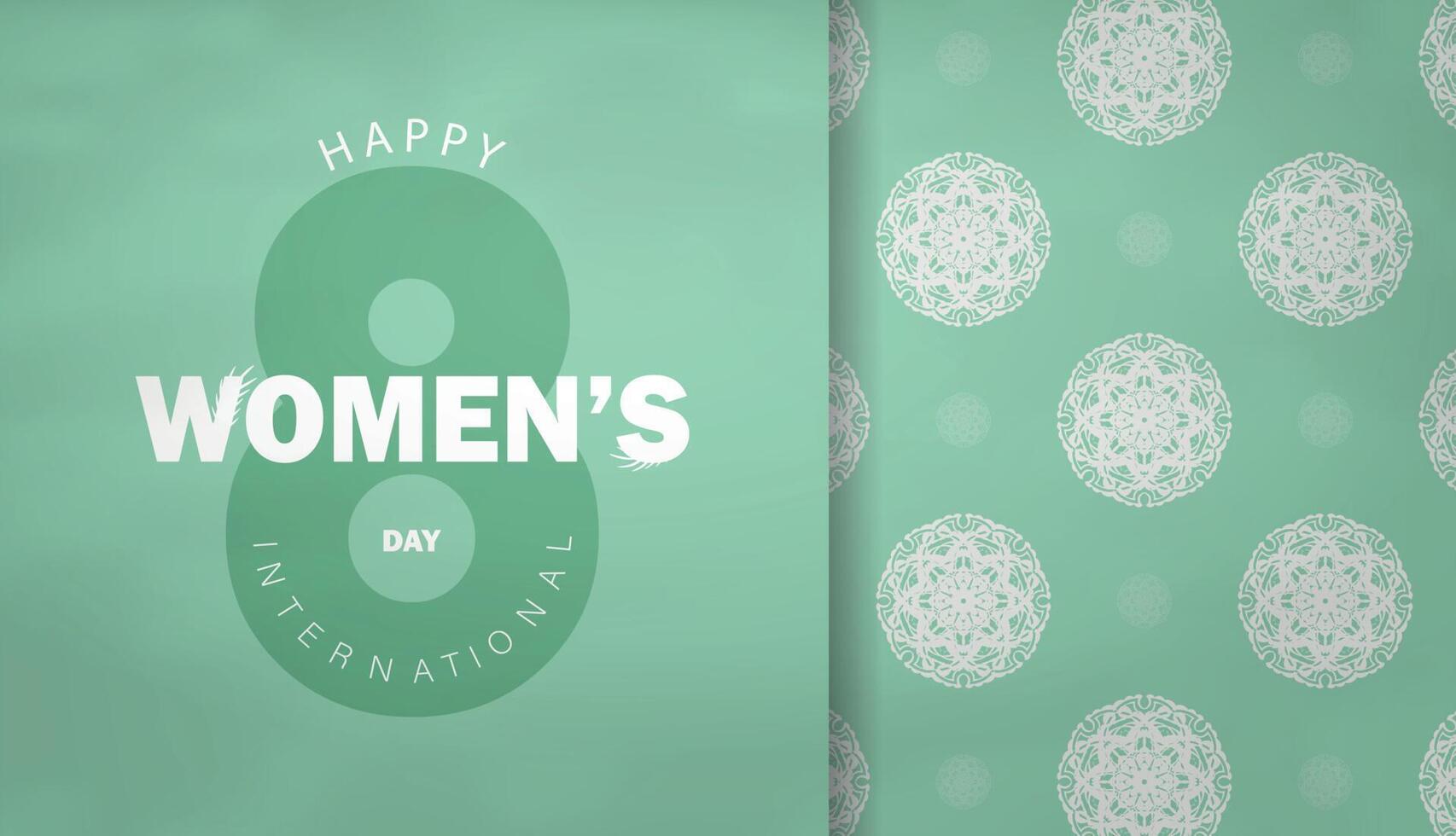 Greeting card template 8 march international womens day mint color with vintage white pattern vector