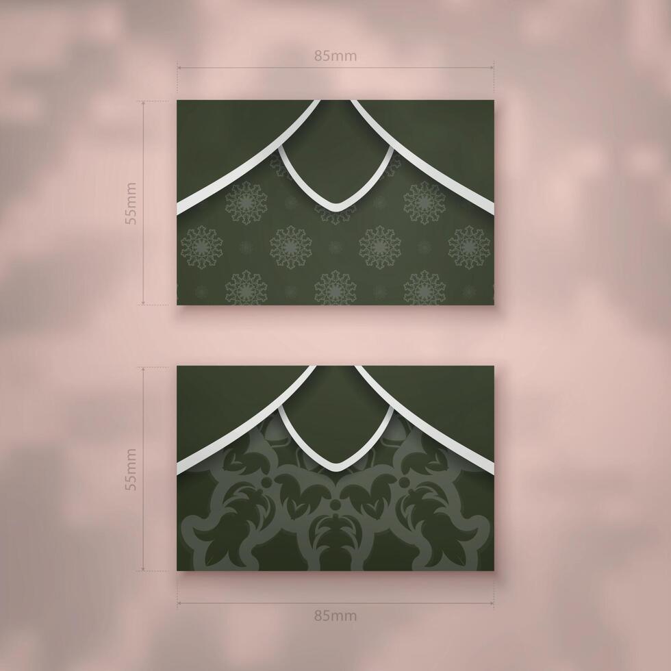 Dark green business card with Indian white ornaments for your contacts. vector