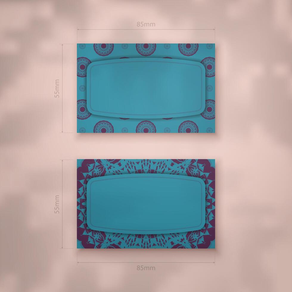 A presentable business card in turquoise color with a luxurious purple pattern for your contacts. vector