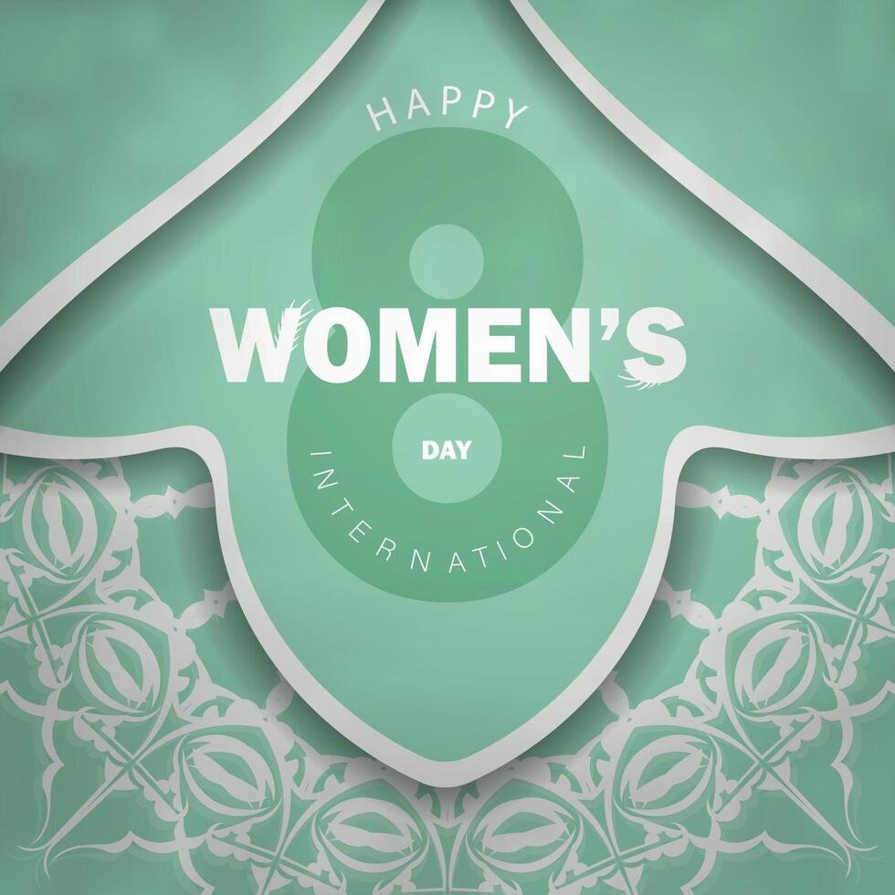 Postcard 8 march international womens day mint color with vintage white pattern vector