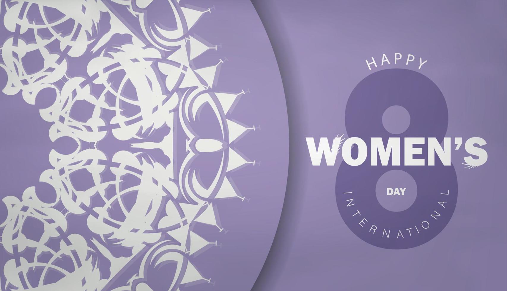 International womens day 8 march flyer template in purple color with vintage white pattern vector