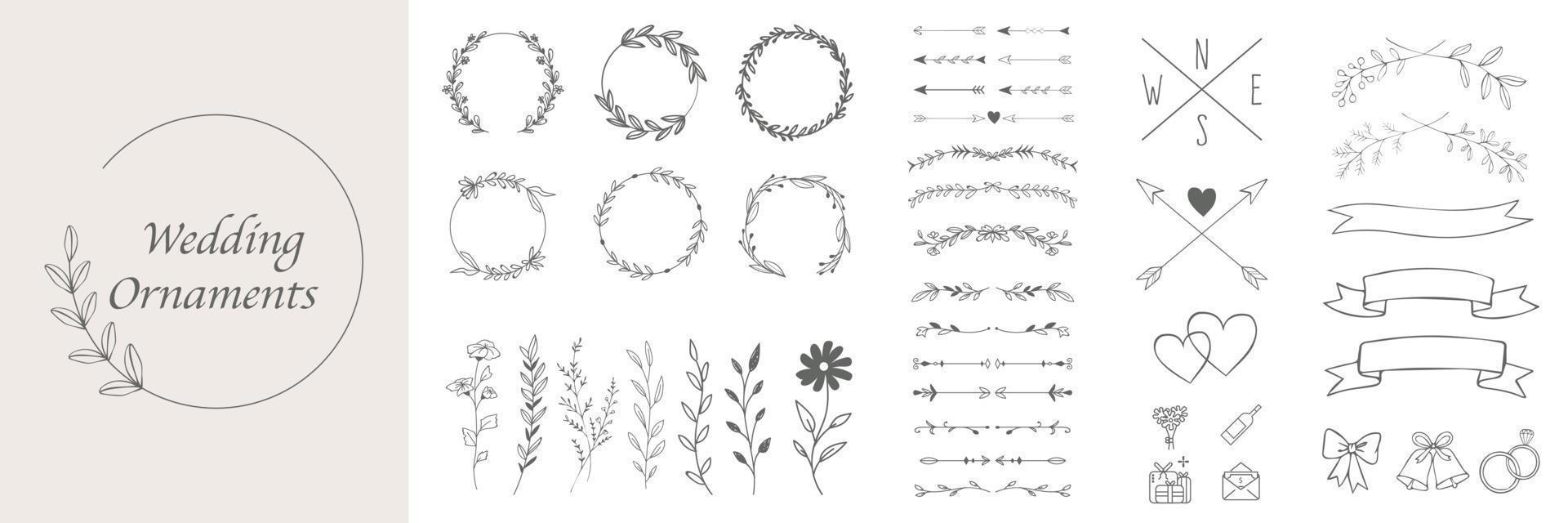 Hand Drawn Wedding Ornamental Elements Collection. Vector Graphic set of elements for invitations and greeting cards. Classic vintage design. Dividers, hearts, map elements, flowers, ornaments.