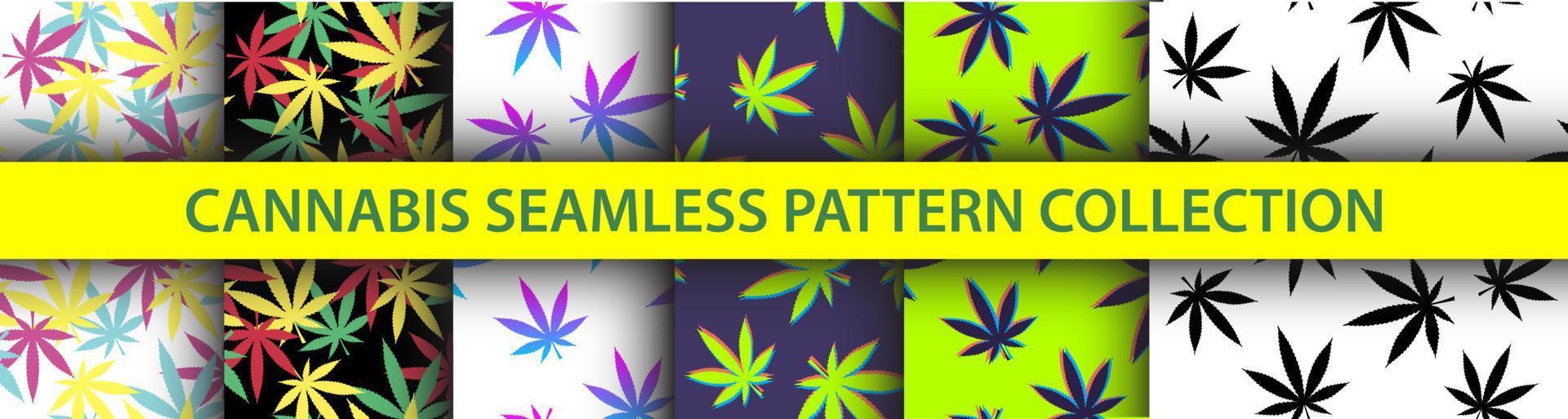 420 Seamless Pattern Collection. Psychedelic graphic vector set. Marijuana inspired design pack. 3D Pot silhouettes. Reggae background with cannabis leaves. Textile visual content.
