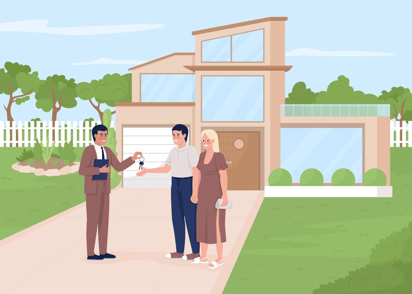 Couple buying real estate flat color vector illustration