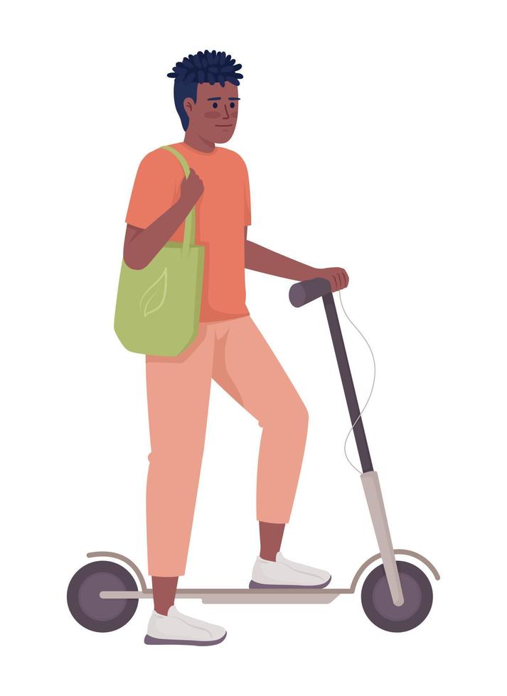 tipo con patinete eléctrico de carácter vectorial de color semiplano. movilidad urbana. figura editable. persona de cuerpo completo en blanco. ilustración de estilo de dibujos animados simple para diseño gráfico web y animación vector