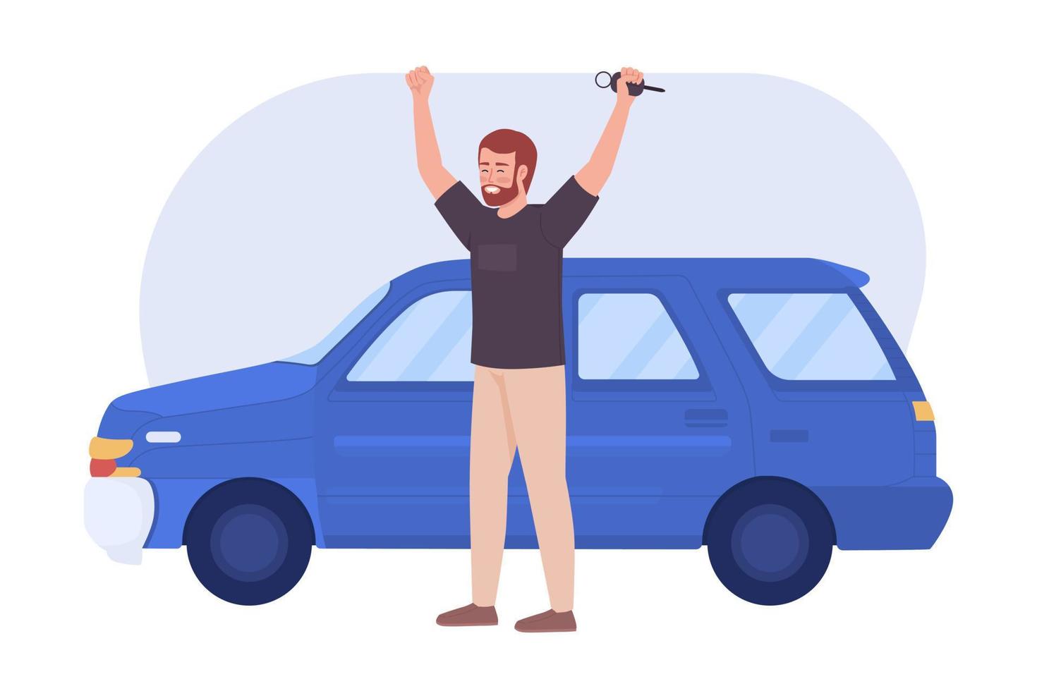 emocionante propietario de coche 2d vector ilustración aislada. hombre comprando auto. compra feliz personaje plano masculino sobre fondo de dibujos animados. colorida escena editable para móvil, sitio web, presentación