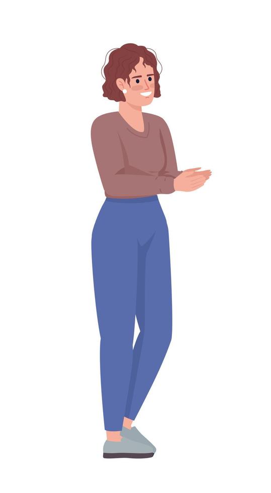Happy lady clapping hands semi flat color vector character