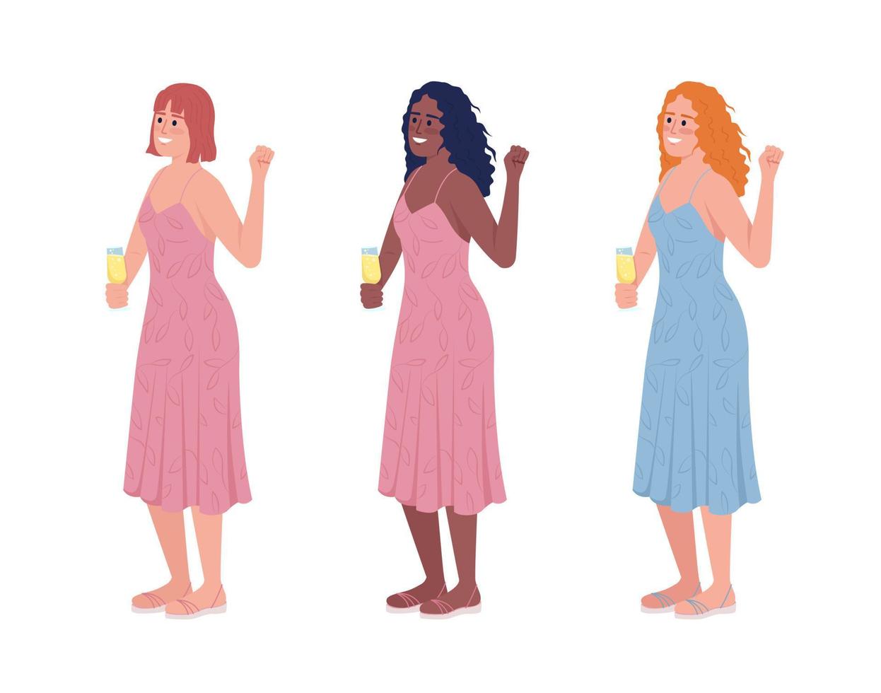 Bridesmaids with sparkling wine glass semi flat color vector character set
