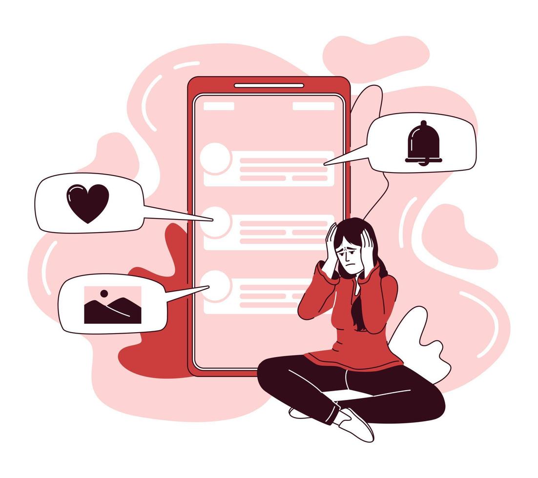 Woman overwhelmed by social media flat concept vector illustration. Stressed lady. Editable 2D cartoon character on white for web design. Anxiety creative idea for website, mobile, presentation