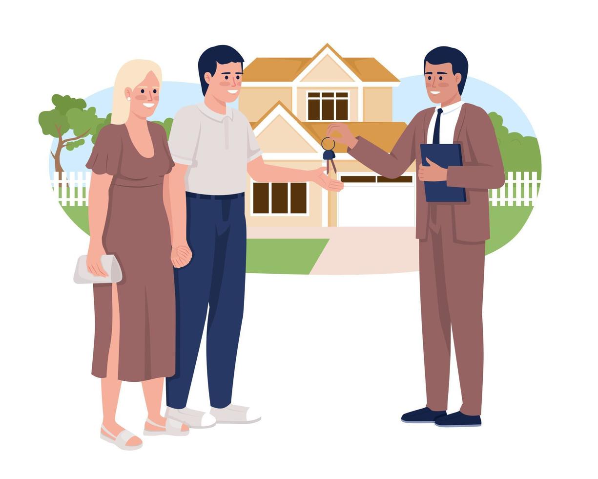 Buying house with yard 2D vector isolated illustration. Happy estate owners. Purchasing home flat characters on cartoon background. Colorful editable scene for mobile, website, presentation