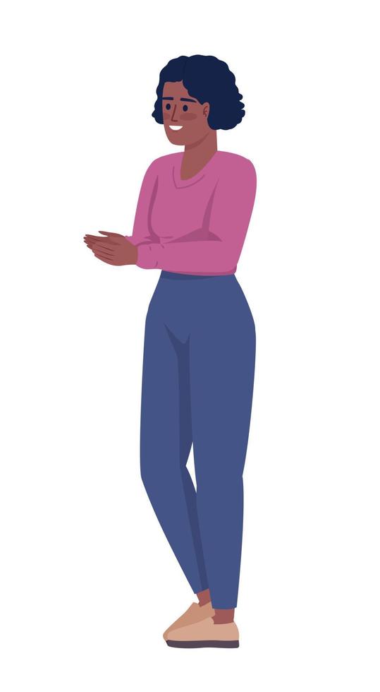 mujer feliz aplaudiendo las manos carácter vectorial de color semiplano. figura editable. persona de cuerpo completo en blanco. ilustración de estilo de dibujos animados simple positivo para diseño gráfico web y animación vector