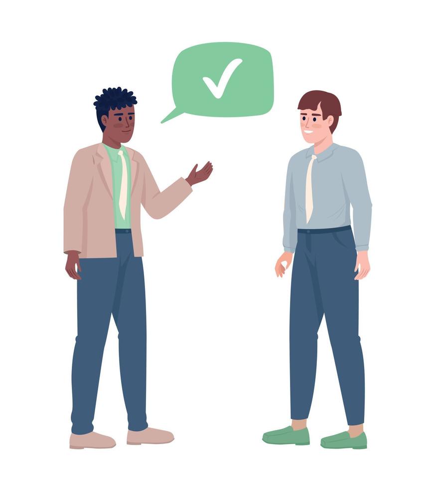 Young man agrees with colleague semi flat color vector characters