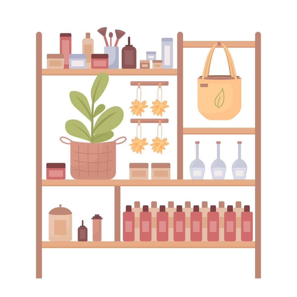 Rack with eco cosmetics semi flat color vector object. Natural skincare. Editable elements. Full sized items on white. Simple cartoon style illustration for web graphic design and animation