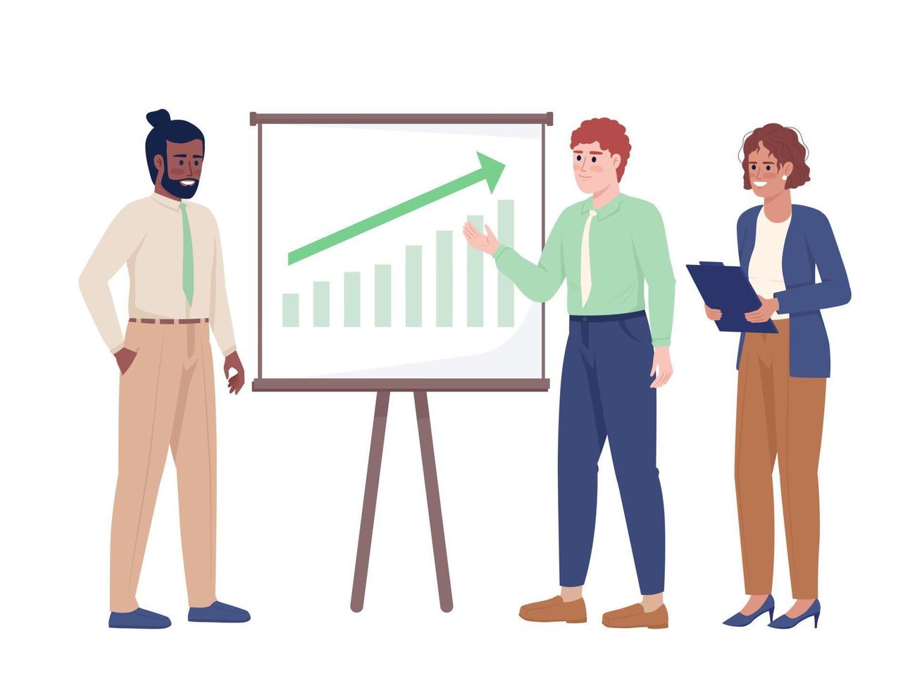 Team discussing success strategy semi flat color vector characters. Editable figures. Full body people on white. Business simple cartoon style illustration for web graphic design and animation