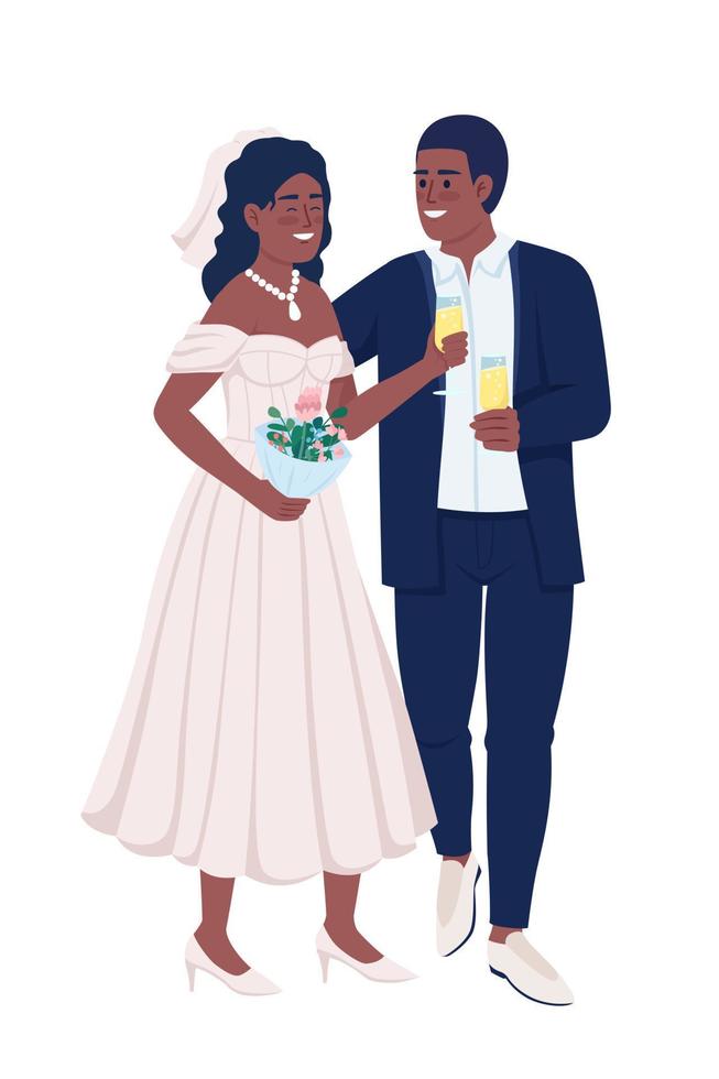 pareja casada sonriente celebrando la boda personajes vectoriales de color semiplano. figuras editables. personas de cuerpo completo en blanco. ilustración de estilo de dibujos animados simple para diseño gráfico web y animación vector