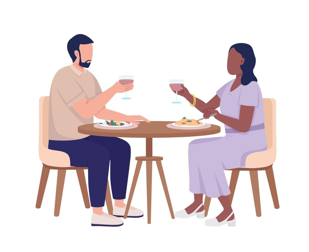 pareja en la cita bebiendo vino y comiendo comidas personajes vectoriales de color semiplano. figuras editables. personas de cuerpo completo en blanco. ilustración de estilo de dibujos animados simple para diseño gráfico web y animación vector