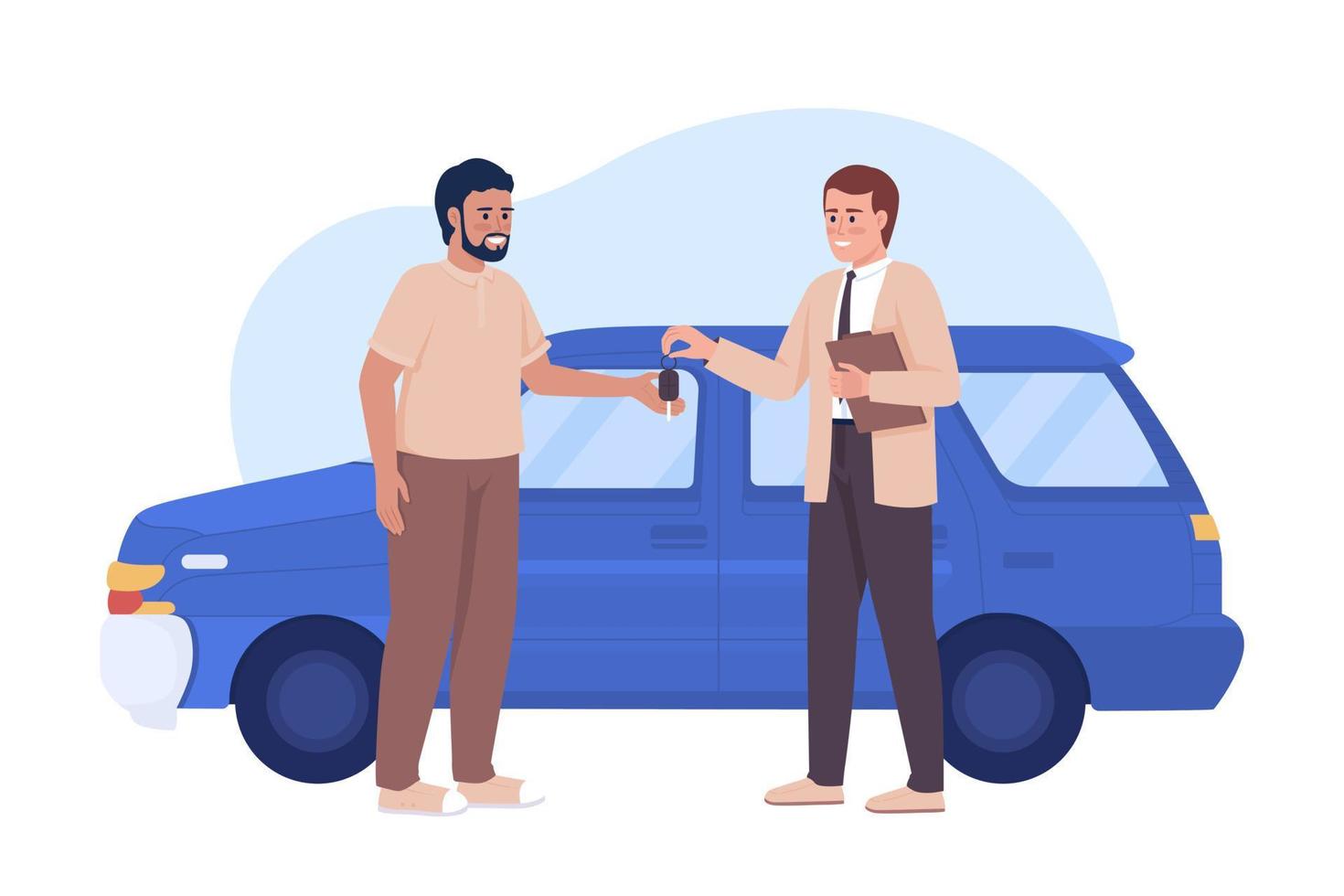 Man buying car 2D vector isolated illustration. Purchasing auto. Happy owner. Male seller consultant flat character on cartoon background. Colorful editable scene for mobile, website, presentation