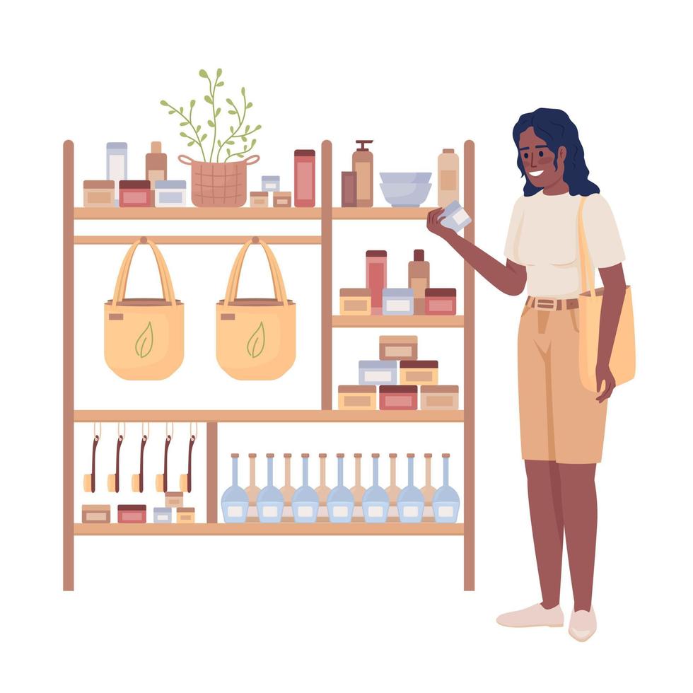 Lady choosing organic cosmetics semi flat color vector character. Eco store. Editable figure. Full body person on white. Simple cartoon style illustration for web graphic design and animation
