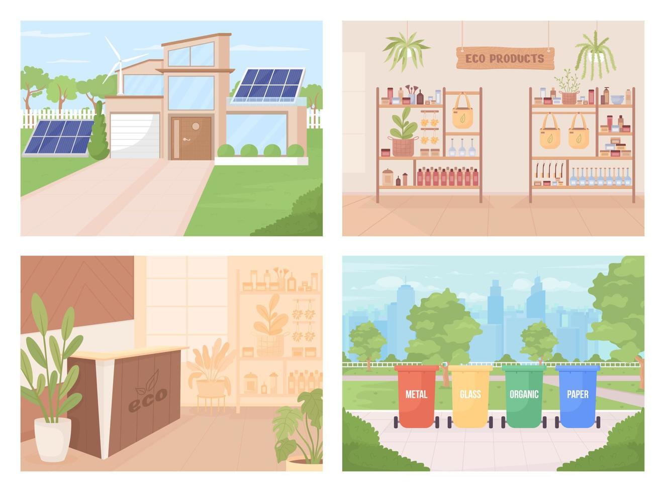 Sustainability flat color vector illustrations set. Ecology care. Fully editable 2D simple cartoon interiors and landscapes pack with scenes on background
