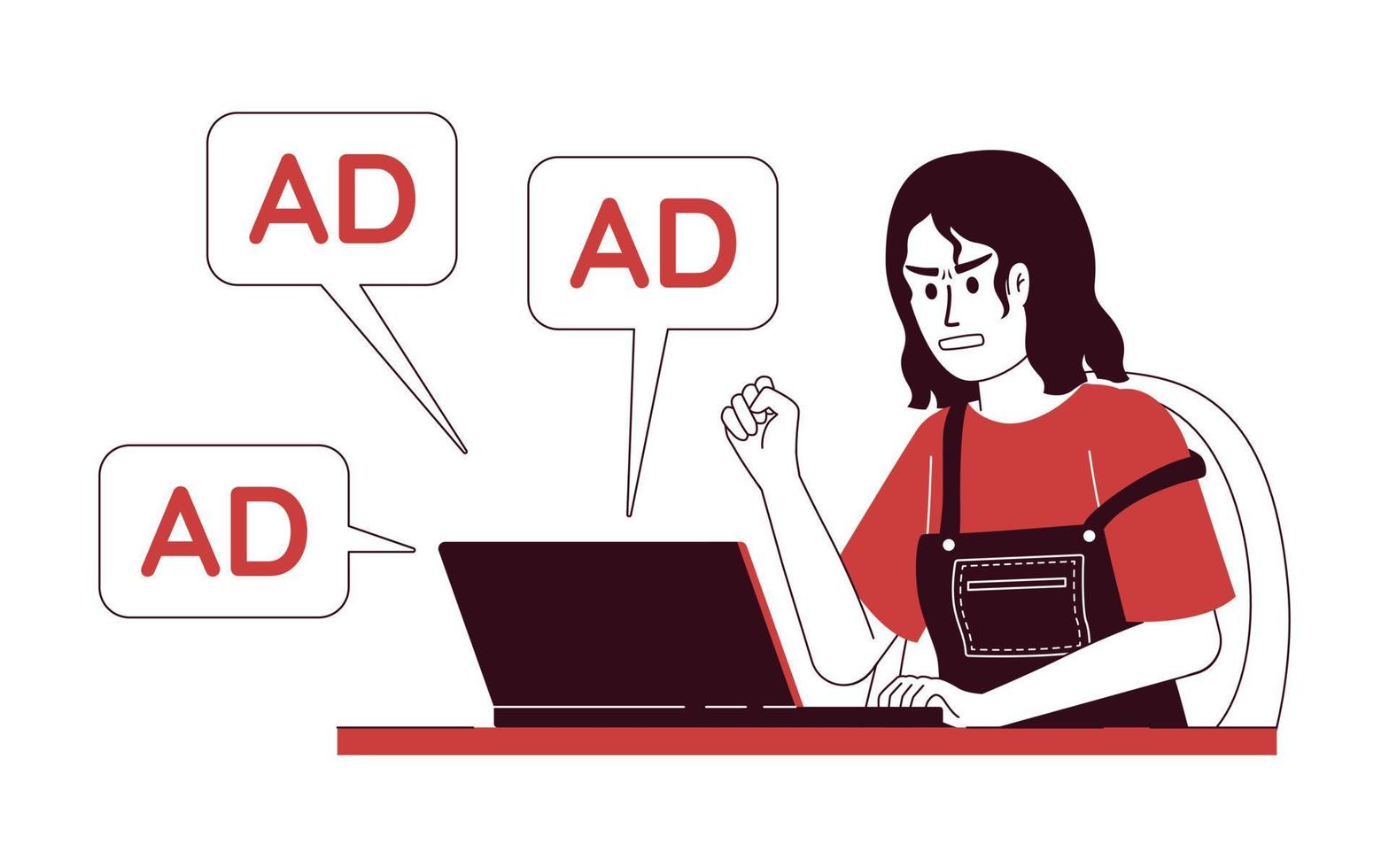 Woman angry of ads amount flat concept vector illustration. Editable 2D cartoon character on white for web design. Spam creative idea for website, mobile, presentation