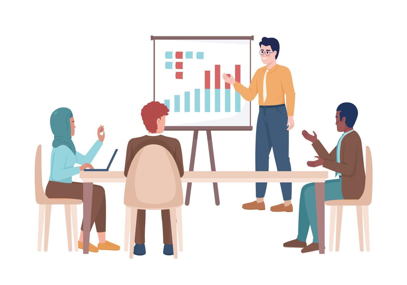 Manager doing presentation for partners semi flat color vector characters. Editable figures. Full body people on white. Business simple cartoon style illustration for web graphic design and animation