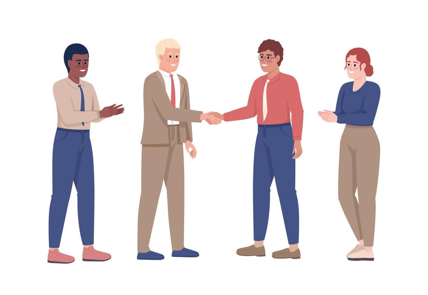 Business deal celebration semi flat color vector characters. Editable figures. Full body people on white. Teamwork simple cartoon style illustration for web graphic design and animation