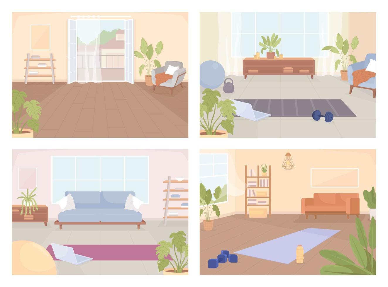 Inventory and place for home exercising flat color vector illustrations set. Active lifestyle and training. Fully editable 2D simple cartoon interiors pack with living rooms on background