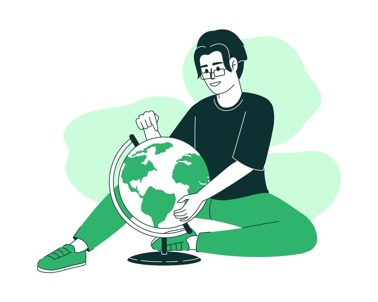 Worldwide tourism 2D vector isolated linear illustration. Man sitting with globe thin line flat character on cartoon background. Colorful editable scene for mobile, website, presentation