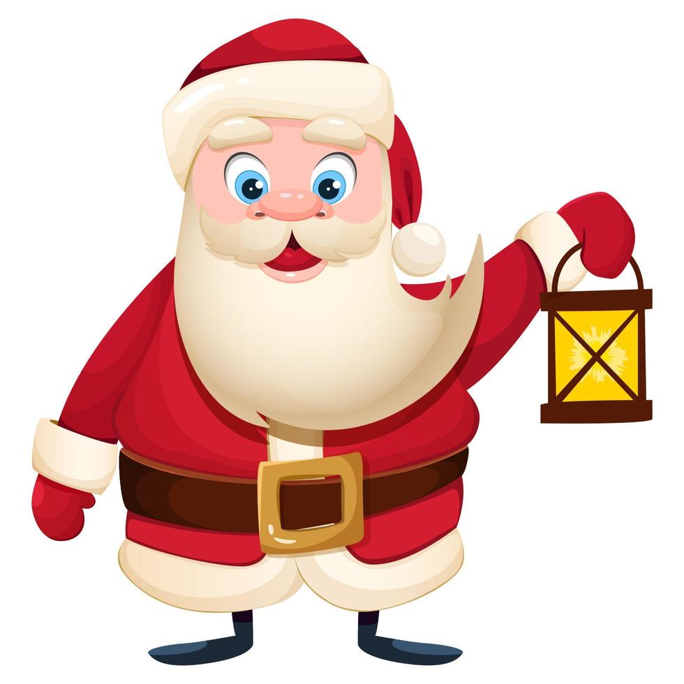 dibujos animados de santa claus en un traje rojo con una vieja linterna. feliz navidad y feliz año nuevo ilustración de dibujos animados vectoriales aislados para tarjetas de felicitación, pancartas y más. vector