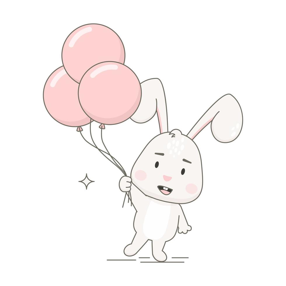 Cute rabbit character with balloons isolated on white. vector