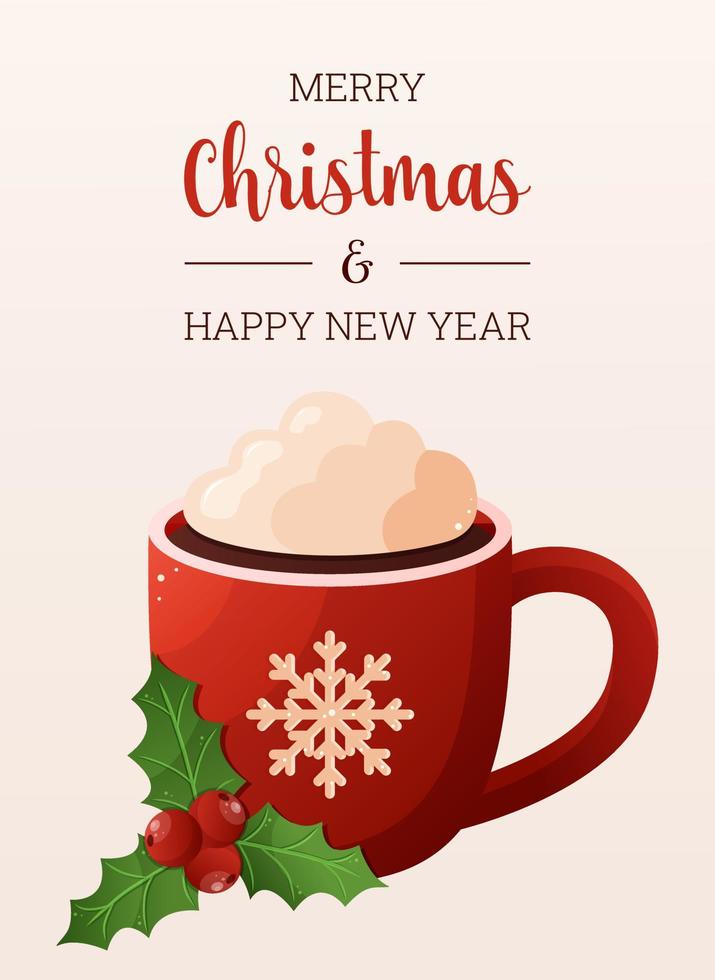 tarjeta de felicitación para navidad. hermosa taza de cacao con crema y acebo. vector