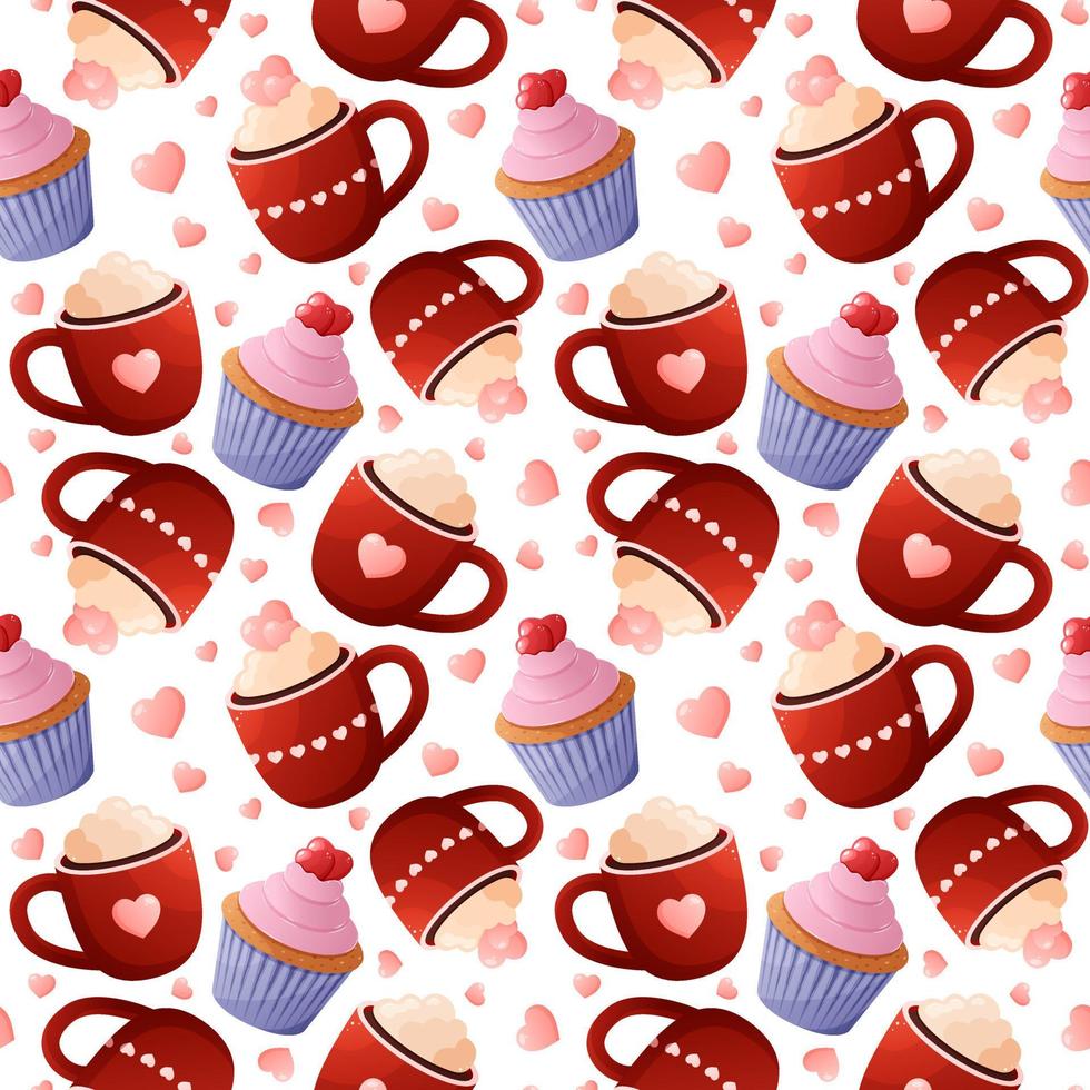 Sweet seamless pattern. A mug of cocoa with cream, a cupcake and decorations in the form of hearts. Concept for valentine's day. For fabric, wrapping paper. vector