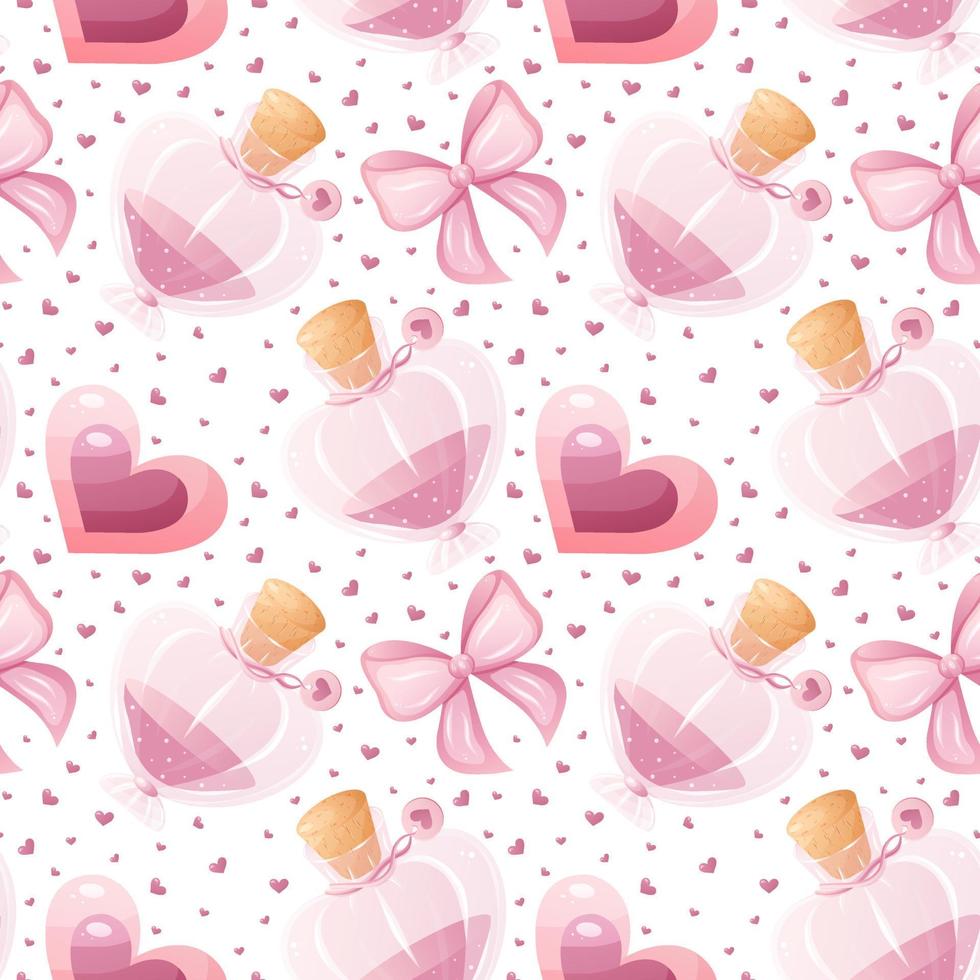 Seamless pattern for Valentine's Day. Love potion, hearts, bows. vector