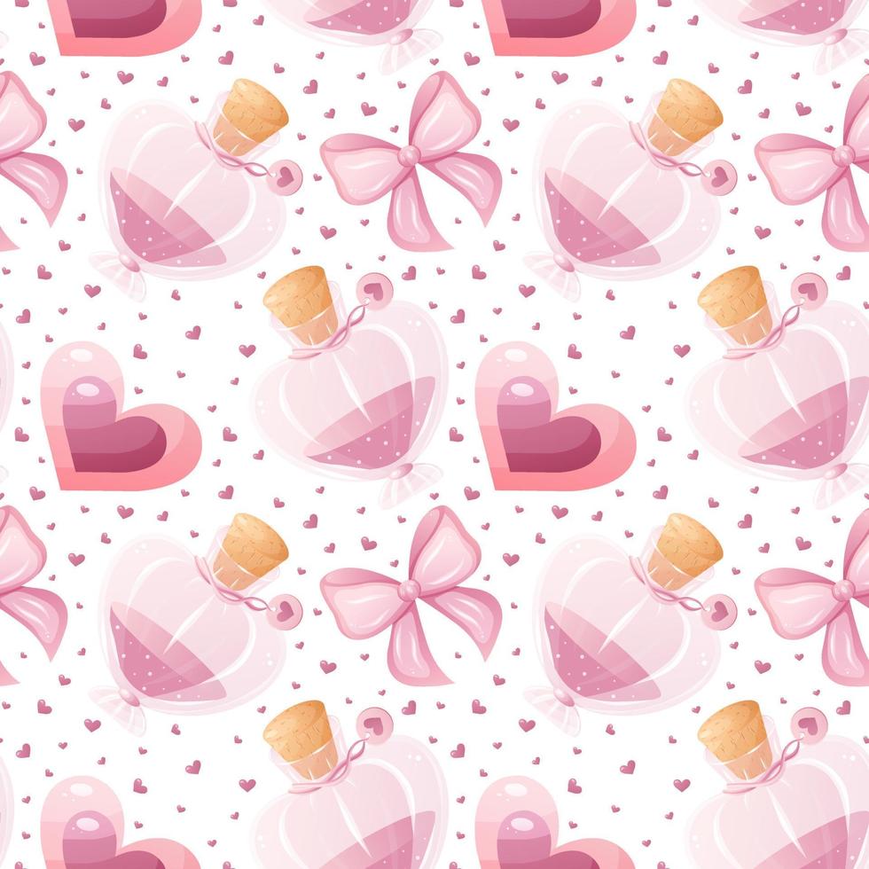 Seamless pattern for Valentine's Day. Love potion, hearts, bows. vector