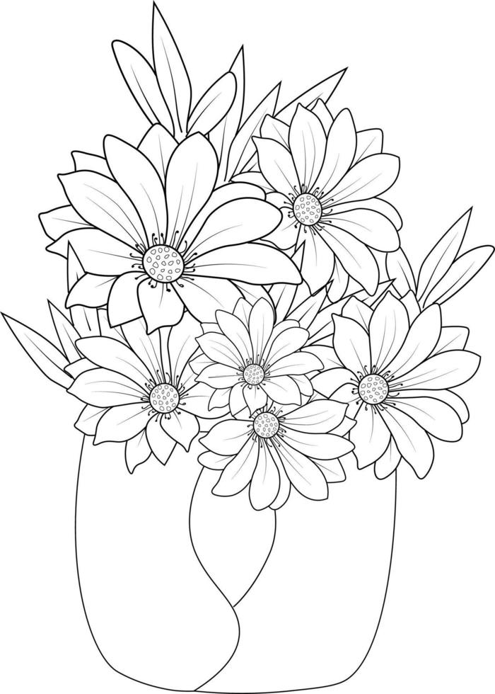 dibujo de flor de margarita dibujo a mano ilustración de jarrón de flores, boceto vectorial, arte a lápiz, ramo decorativo de página para colorear floral y libro aislado en imágenes prediseñadas de fondo blanco. vector