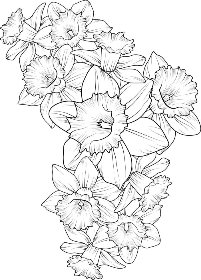 conjunto de una flor de narciso estilizada decorativa aislada sobre fondo blanco. ilustración vectorial muy detallada, garabatos y estilo zentangle, diseño de tatuajes flores nurcissus. vector