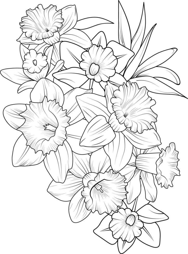 narcisos dibujados a mano, ramo de flores de narciso ilustración de boceto vectorial arte de tinta grabado colección de ramas de hojas botánicas aisladas en la página de color de fondo blanco y libros. vector