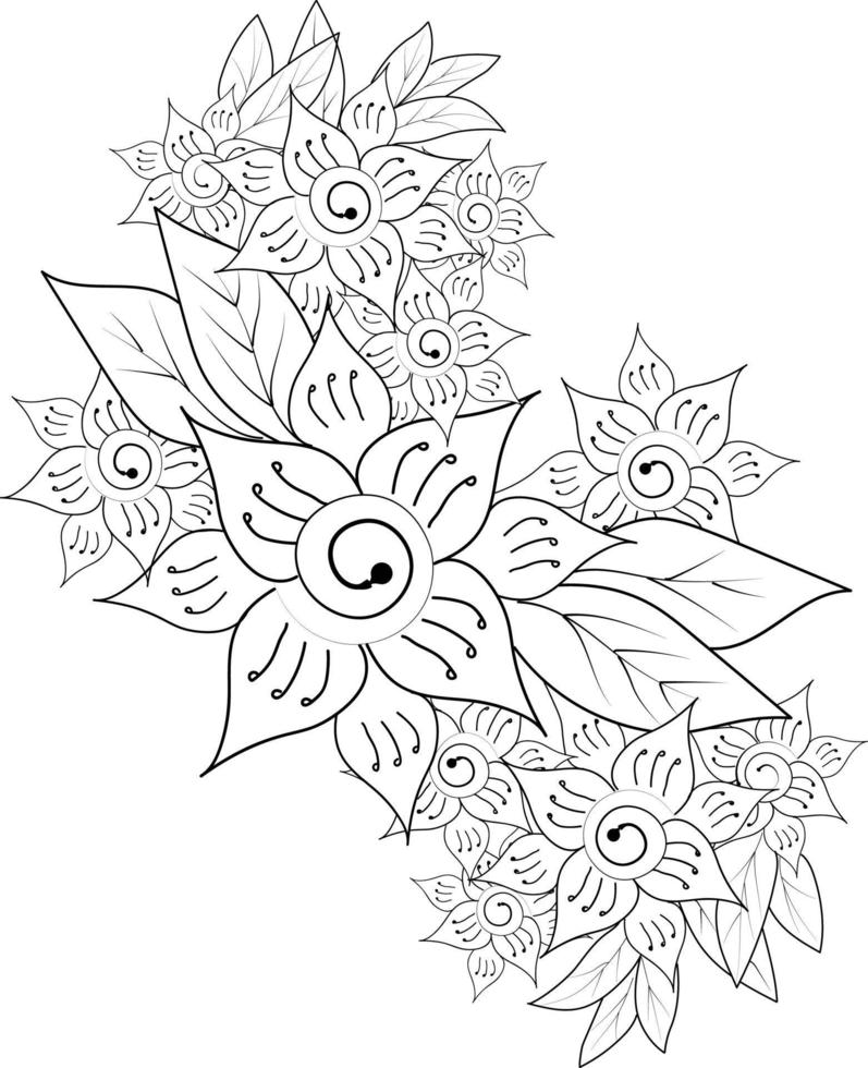 Abstract blossom flowers vector art, hand-drawn illustration, a sketch of coloring book engraved ink art, isolated on white.