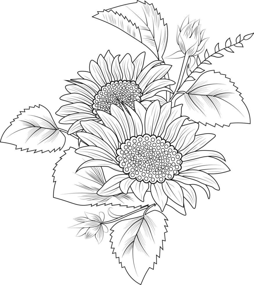Vector illustration of beautiful sun flower bouquet, hand-drawn coloring book of artistic, blossom flowers narcissus isolated on white background, sketch art leaf branch botanic collection for adults.