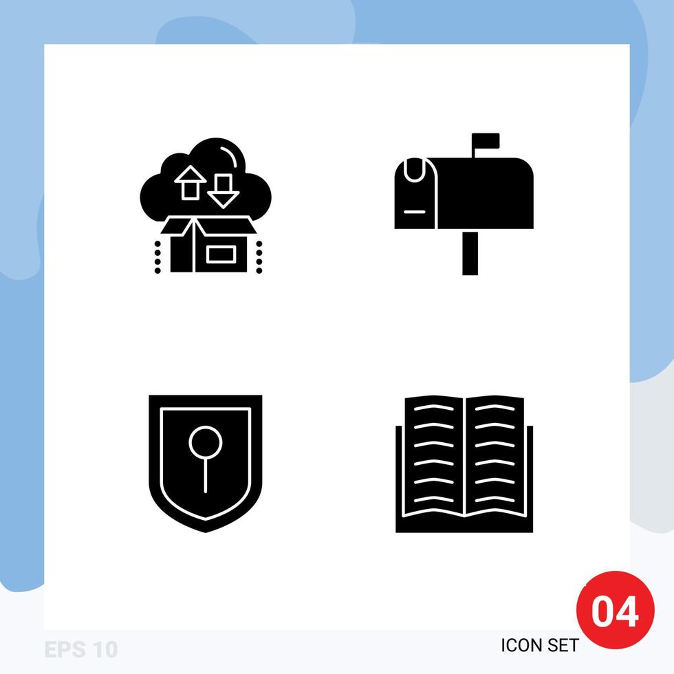 Mobile Interface Solid Glyph Set of 4 Pictograms of box security package post book Editable Vector Design Elements