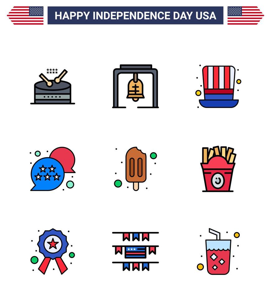 usa feliz día de la independencia pictograma conjunto de 9 líneas planas simples llenas de paletas chat burbuja día estrella bandera editable usa día elementos de diseño vectorial vector