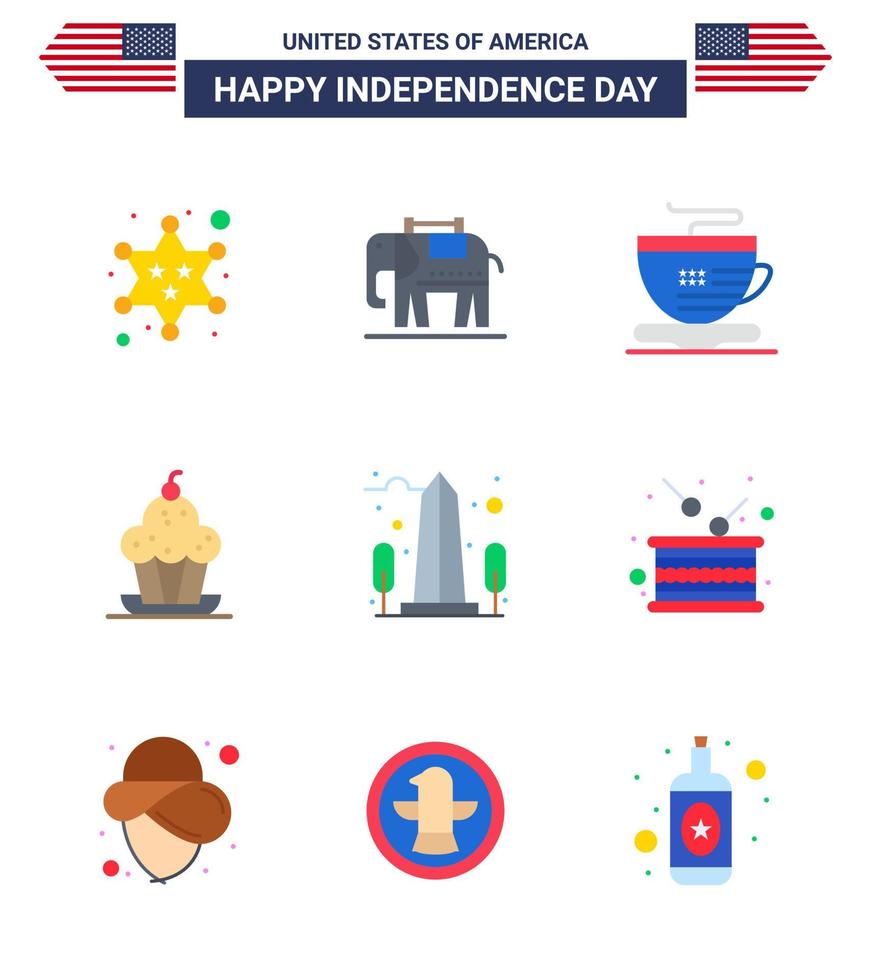 9 signos planos de estados unidos celebración del día de la independencia símbolos de vista hito taza acción de gracias muffin editable día de estados unidos elementos de diseño vectorial vector