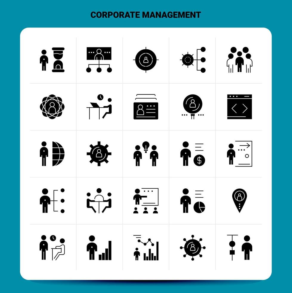conjunto de iconos de gestión corporativa sólida 25 diseño de estilo de glifo vectorial conjunto de iconos negros diseño de ideas de negocios web y móvil ilustración vectorial vector