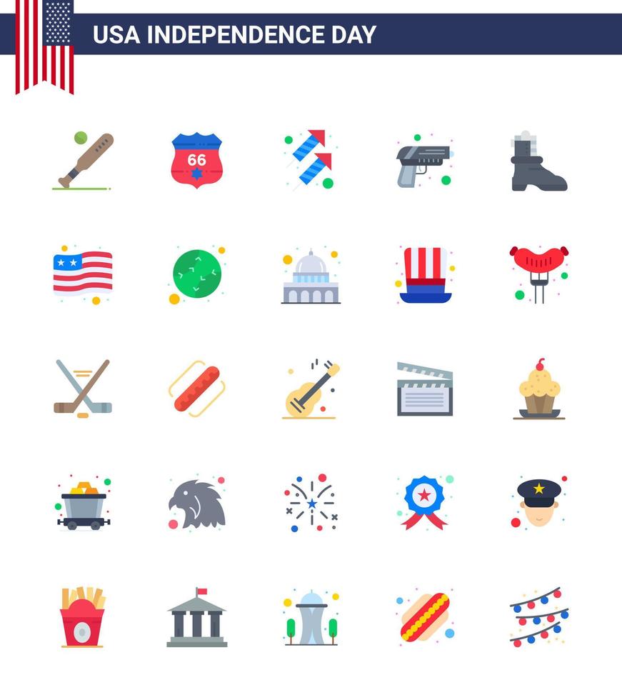 USA Independence Day Flat Set of 25 USA Pictograms of shose army security security shoot Editable USA Day Vector Design Elements