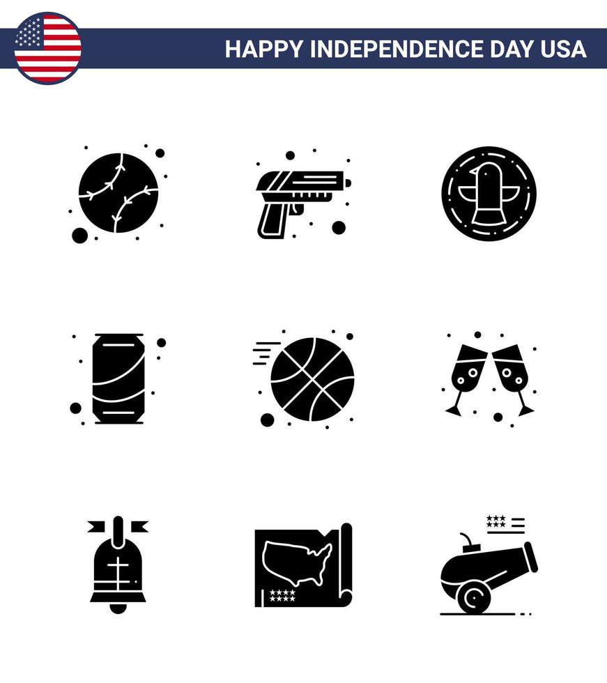 USA Happy Independence DayPictogram Set of 9 Simple Solid Glyphs of ball cola american soda beer Editable USA Day Vector Design Elements