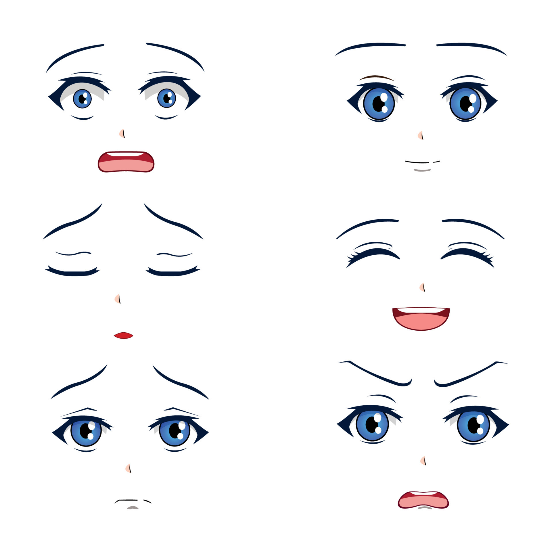 Set of anime character faces different emotions 15800938 Vector Art at  Vecteezy